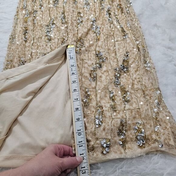 MAC DUGGAL Square Neck Golden Striped Sequin Sleeveless Midi Dress 8 - Picture 10 of 12